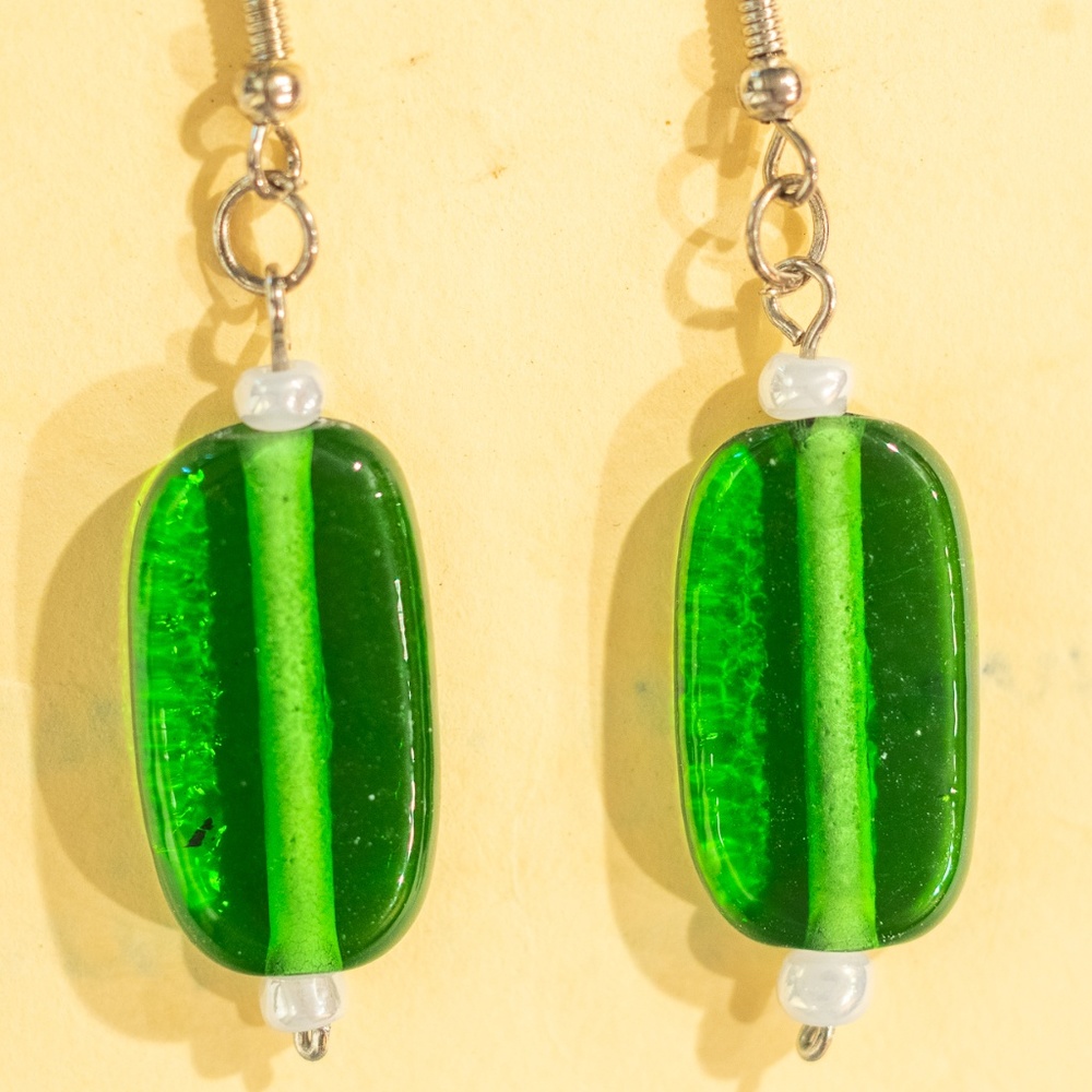 Green Glass Vintage 1.15 inch Handmade Earrings